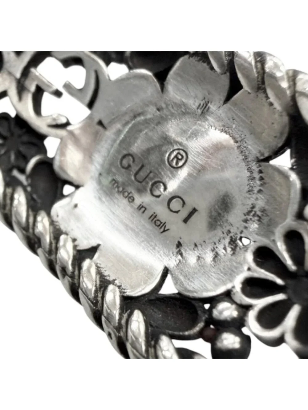 Gucci Rhinestone Crystal Floral Interlocking G Bangle Silver Green 16 Bracelet
